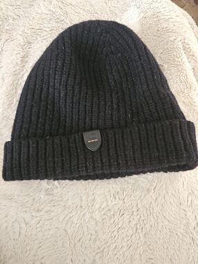 Coach Black Beanie with Leather Trim